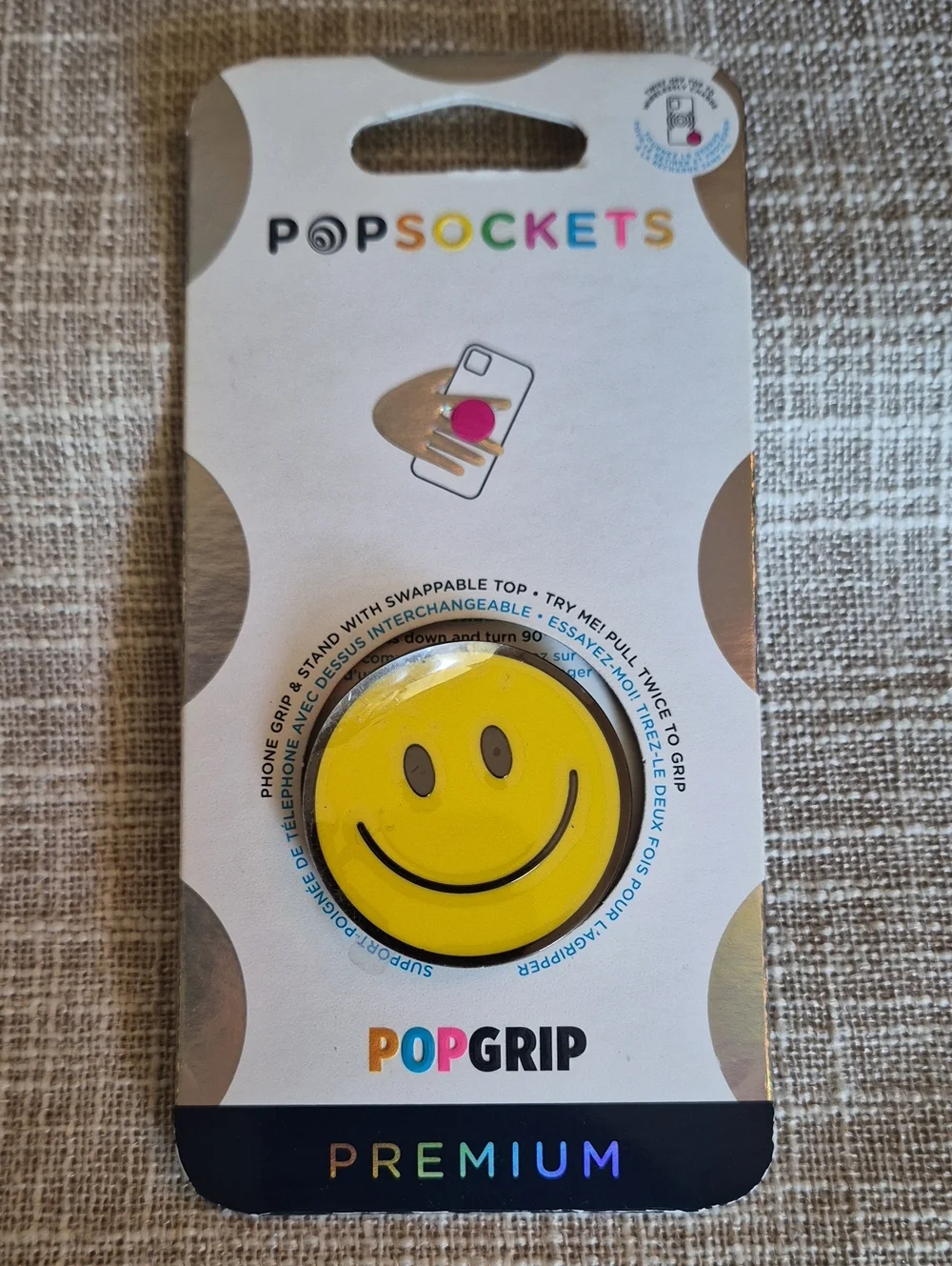 PopSockets PopGrip Premium Yellow & Black Smiley Phone Grip NWT